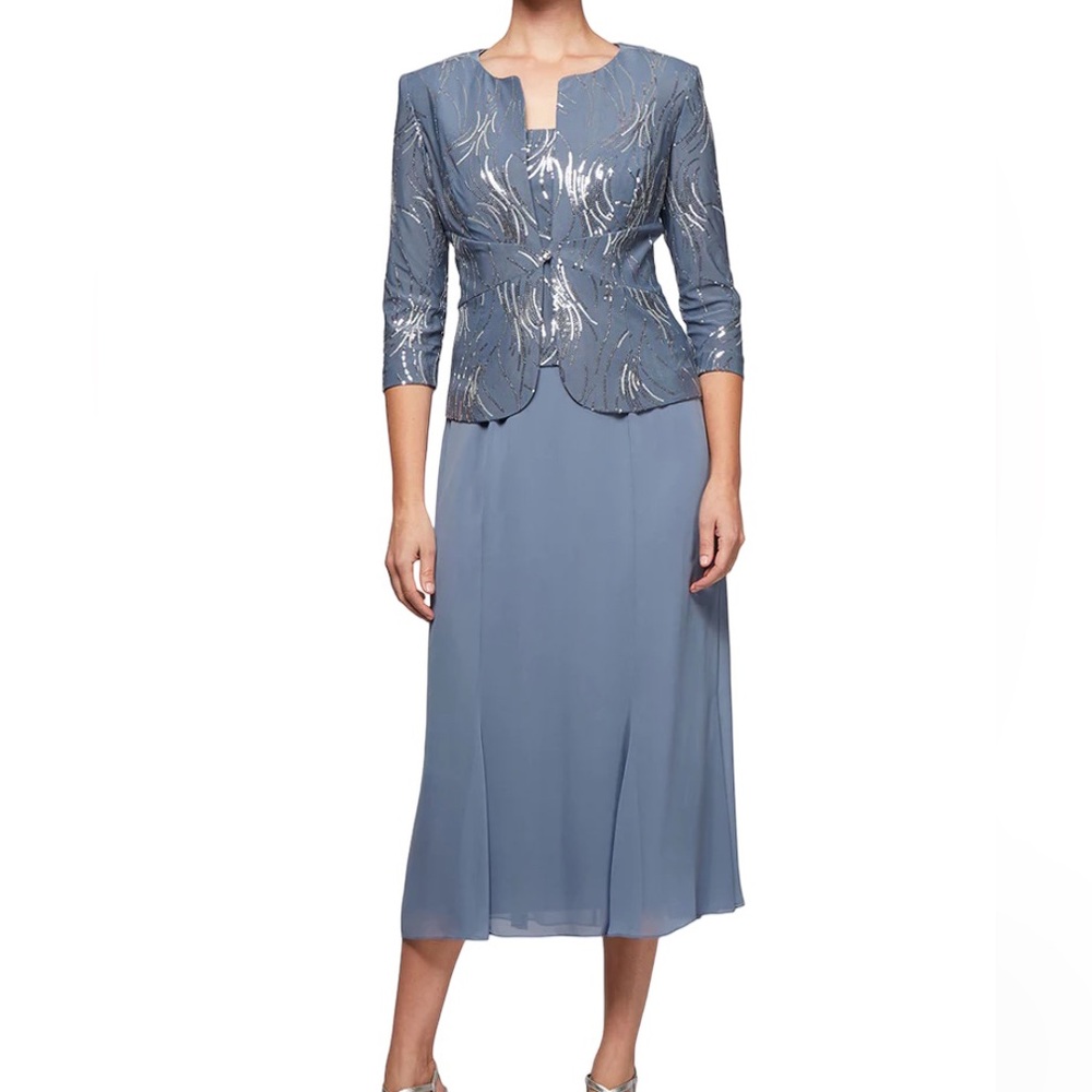 Alex Evenings Midi/Tea Length Firework Sequin Jacket Dress Steel Blue 12